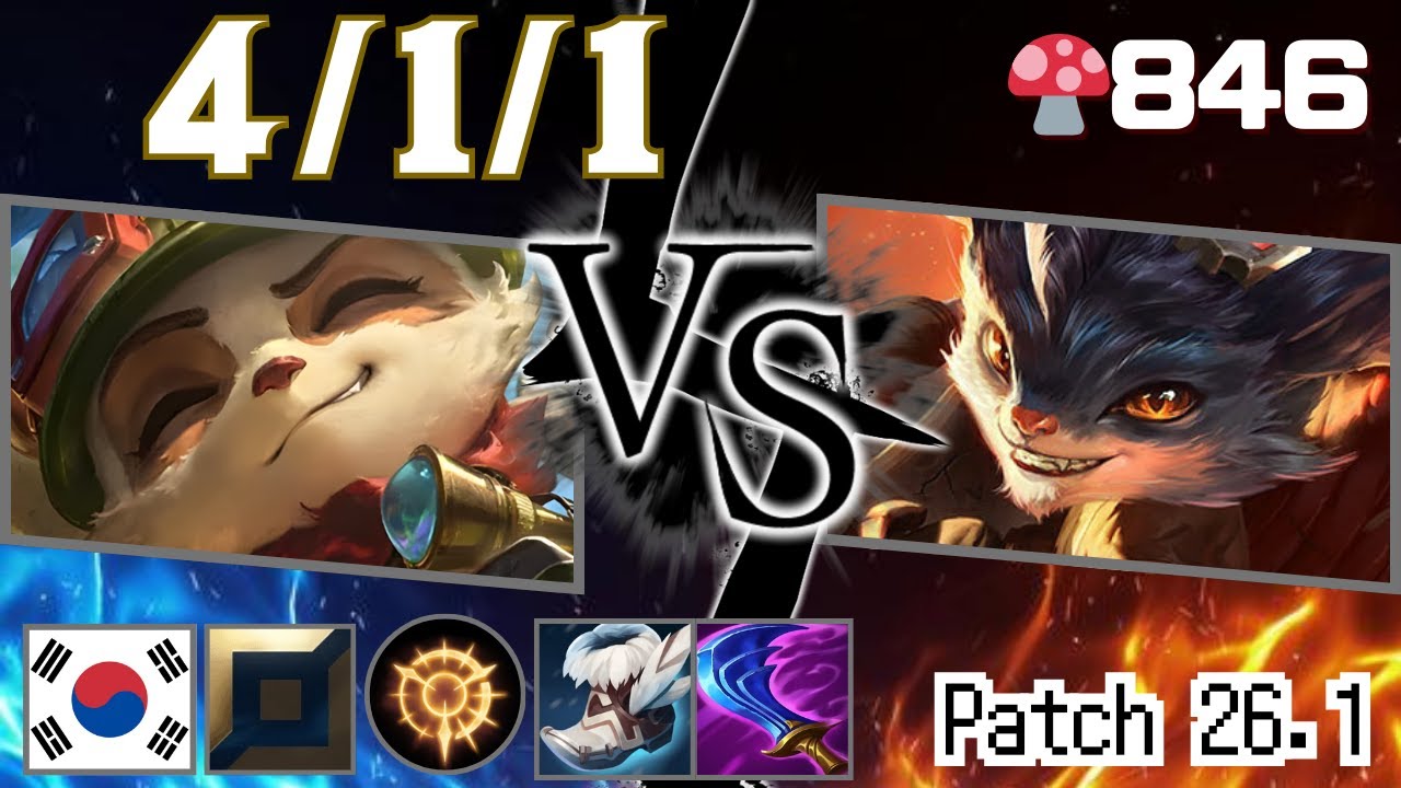 🍄846【Grandmaster/KR】TOP Teemo vs Rumble（ティーモ vs ランブル）【SN:포모티#0406】【Patch26.1】