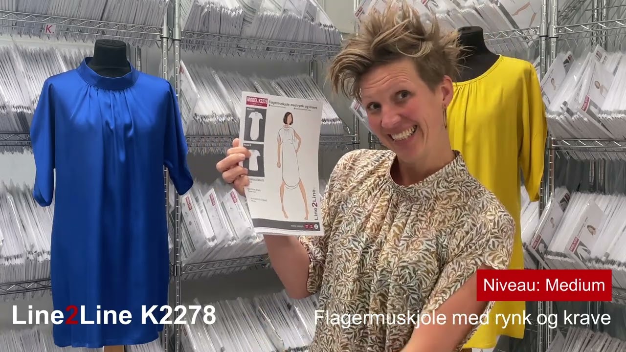 Sy din egen Flagermuskjole med rynk og krave i Line2Line K2278 - Til fast stof