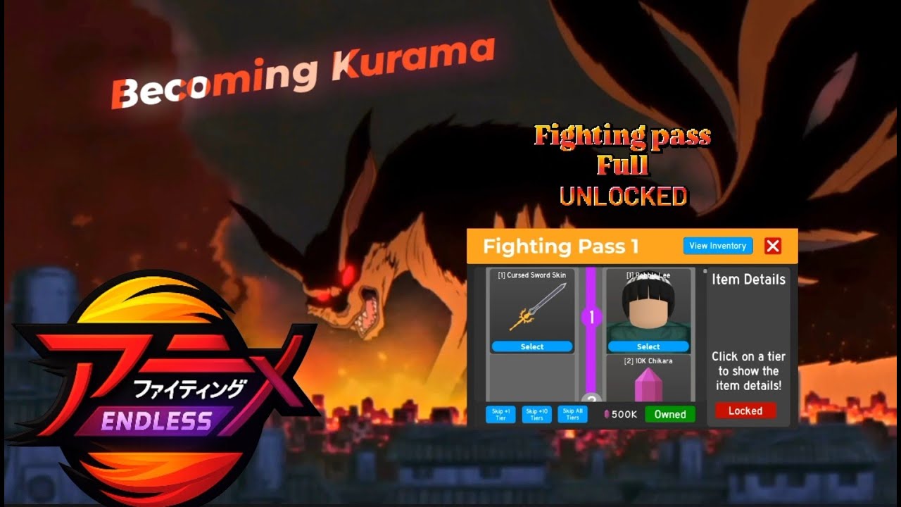 Unlocking the fighting pass and destroying noobs as Kurama in Anime Fighting Simulator Endless