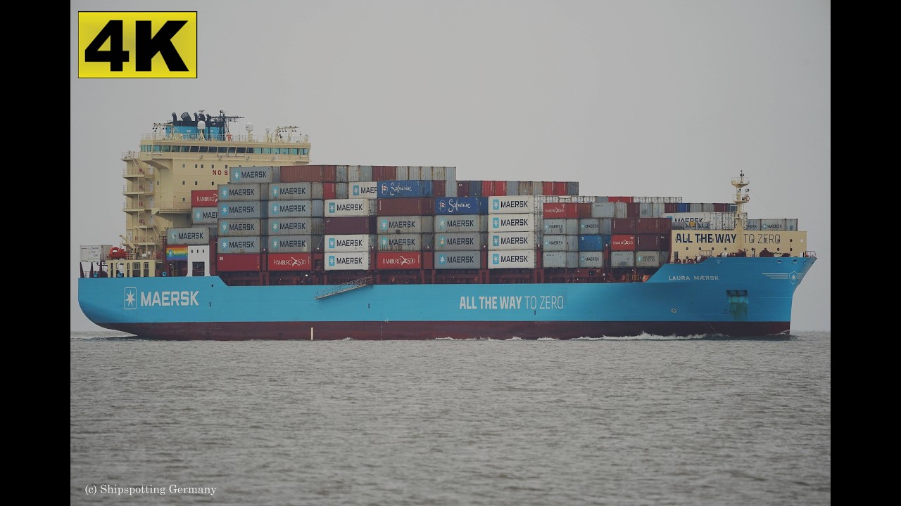 LAURA MAERSK - Shipspotting Germany 🇩🇪 IMO 9944546 - River Elbe near City Otterndorf - 4K VIDEO
