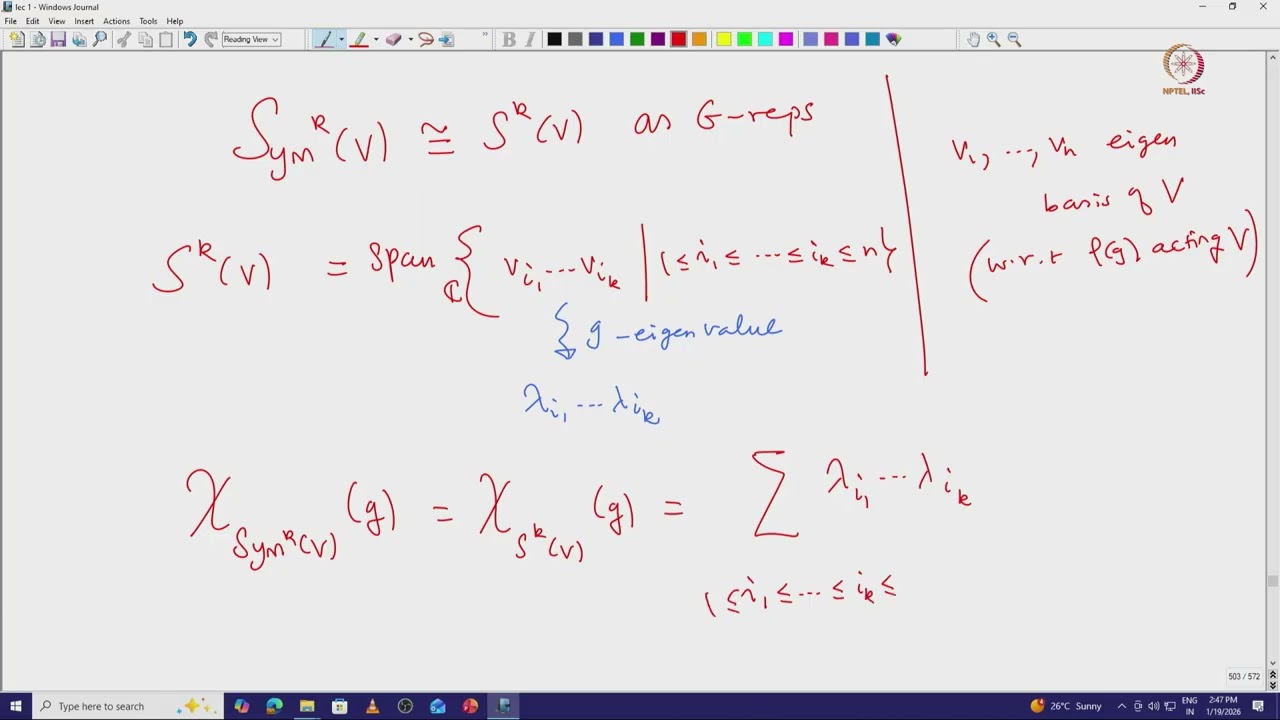 Lec 39 Graded character of Symmetric tensor algebra and exterior algebra