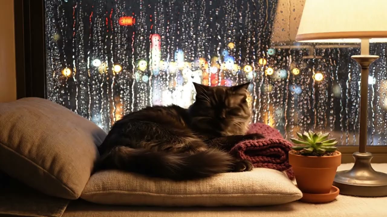 Rainy City Night with a Sleeping Cat | Cozy Window Ambience
