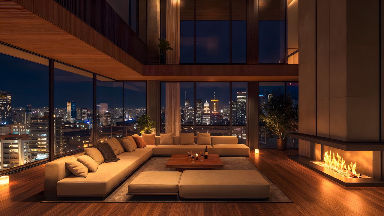 Calm Jazz at a Cozy NYC Apartment - Soothing Night Ambience with Fire Crackling for Deep Rest