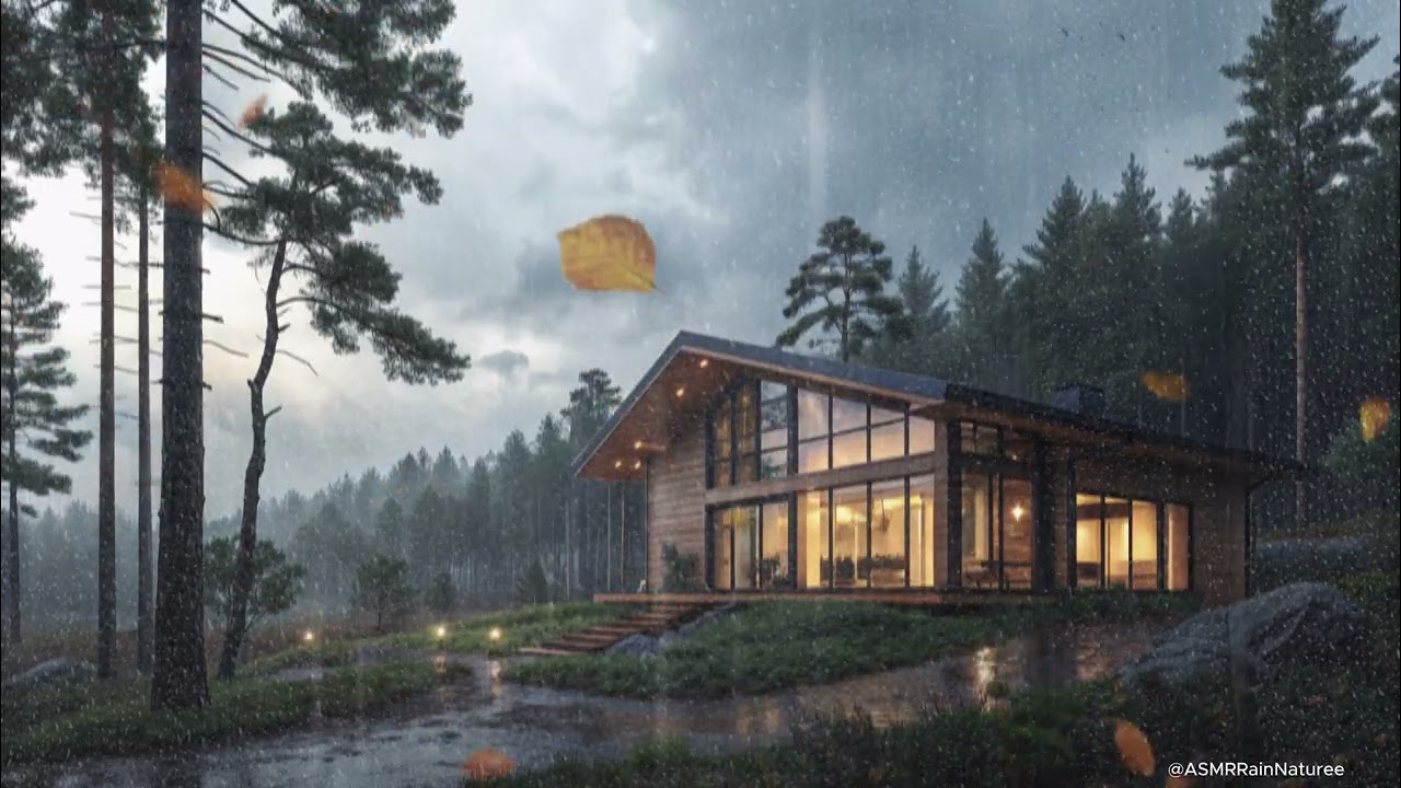 Heavy Rain in a Forest Bungalow 🌧️ Thunder, Wind & Relaxing Nature Sounds