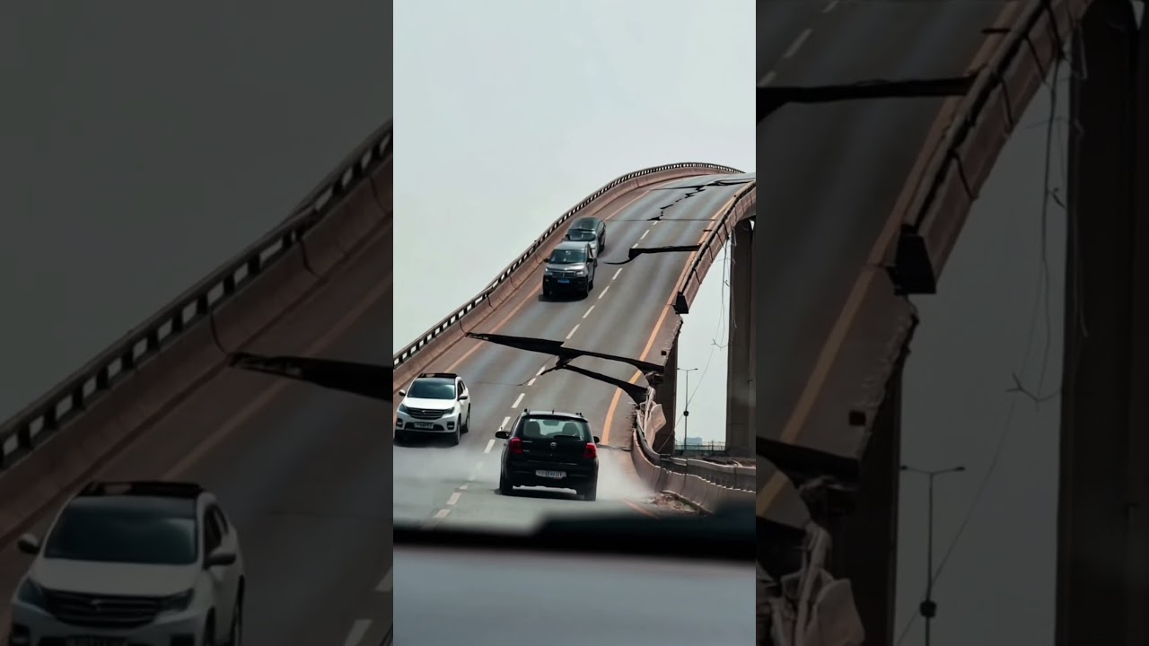 Автомобили съезжают с повреждённого моста &mdash; внизу трещины, наверху страх. #авария #машина #мост #...