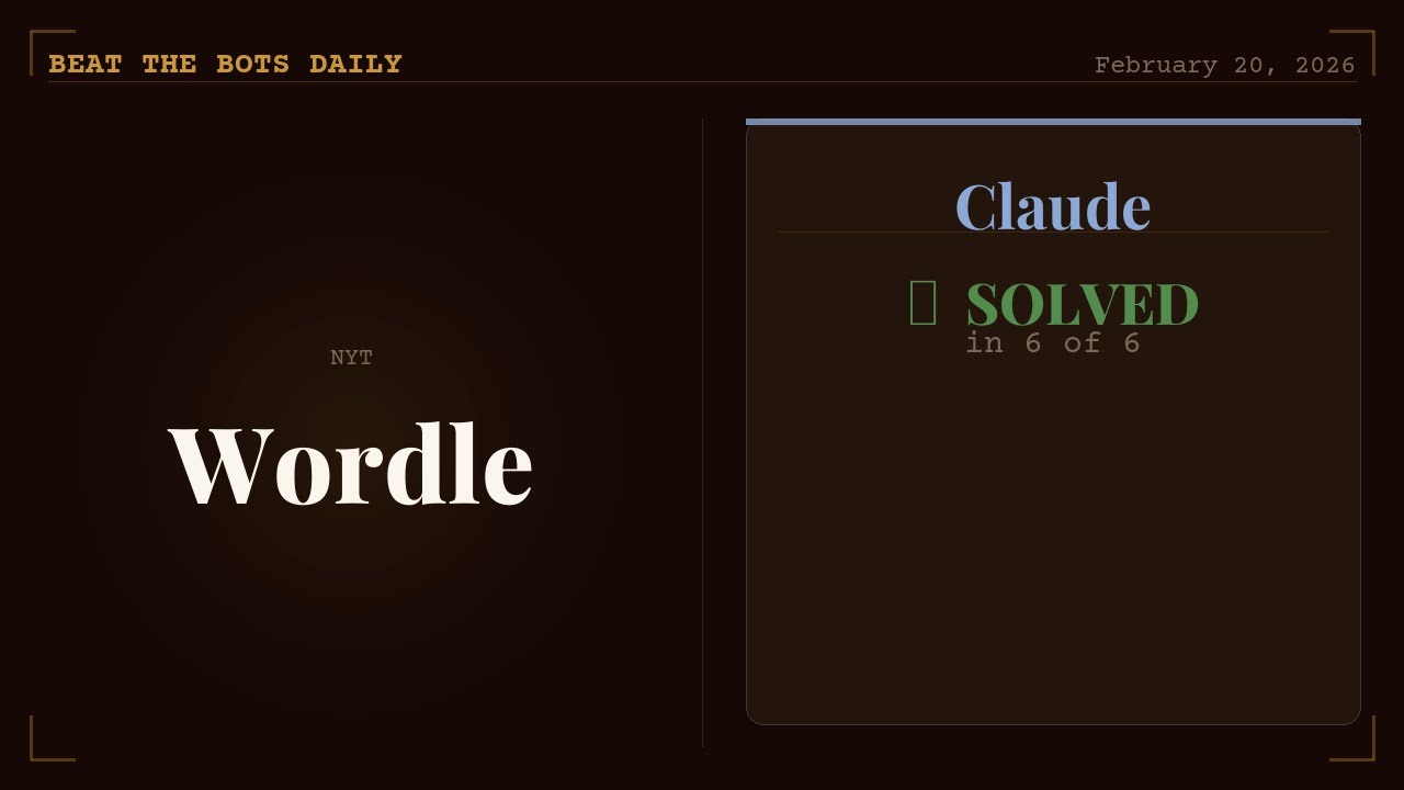 Claude plays Wordle &mdash; February 20, 2026 | Beat the Bots Daily