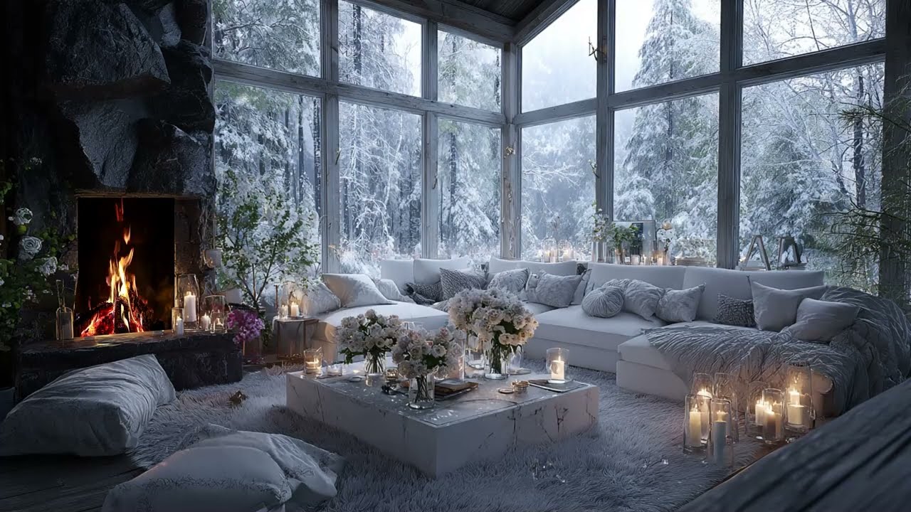 Silent Winter Beauty: Peaceful Piano Music in a Snowy Cabin with Warm Fireplace Sounds