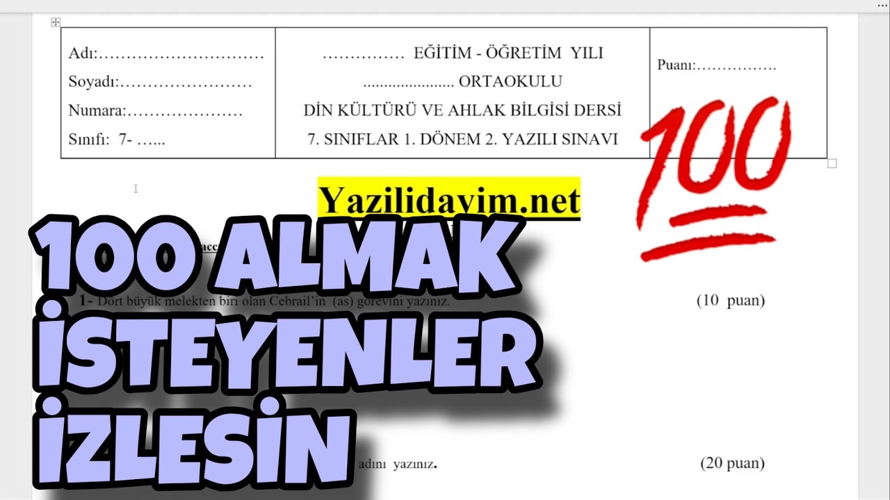 7.Sınıf Din Kültürü 1.Dönem 2.Yazılı