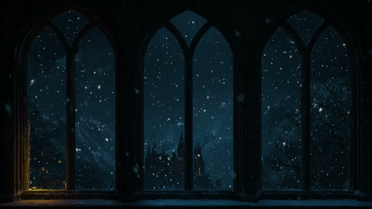 Hogwarts Window in the Snow | Calm Winter Winds & Soft Snowfall for Relaxation and Sleep