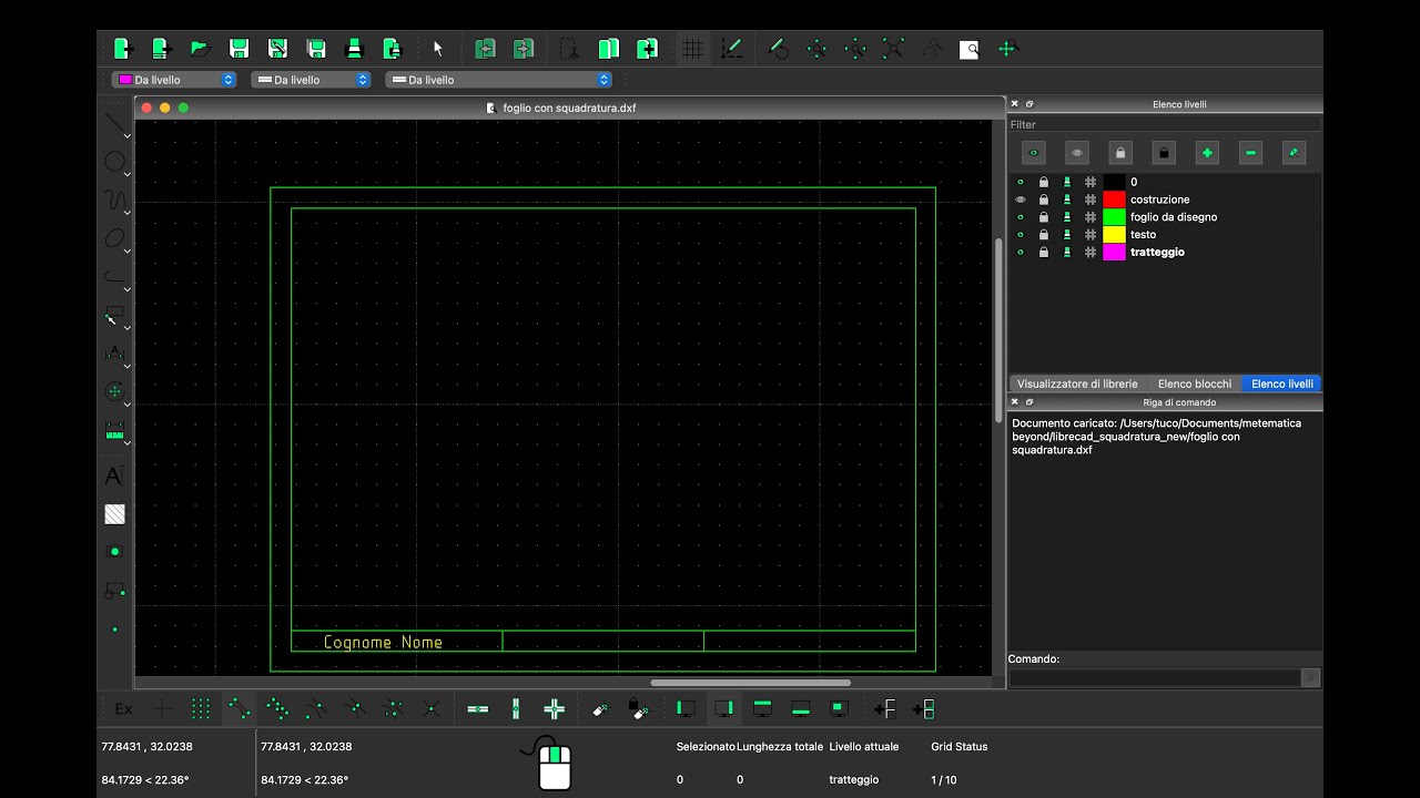 Librecad squadratura foglio e livelli,  drawing sheet layout and layers