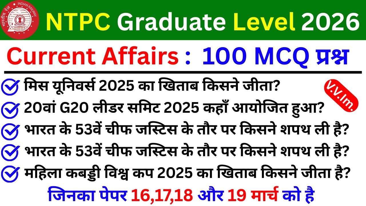 Top 100 Current Affairs for RRB NTPC Exam | Railway Preparation 2026