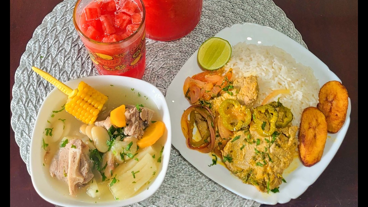 CALDO HUESOS DE CHANCHO CON HABAS, BISTEC DE PESCADO