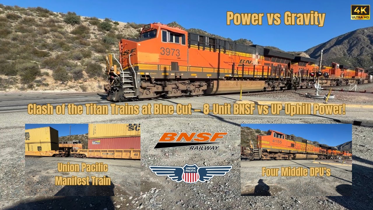 Clash of the Titan Trains at Blue Cut — 8‑Unit BNSF vs UP Uphill Power! 4KHDR