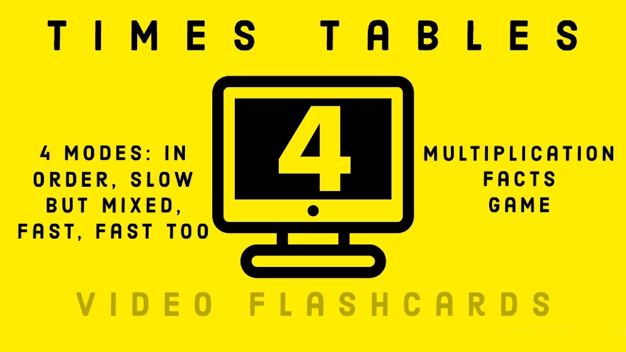 4 times tables flashcards /multiplication facts game/MODES: in order, slow but mixed, fast, fast too