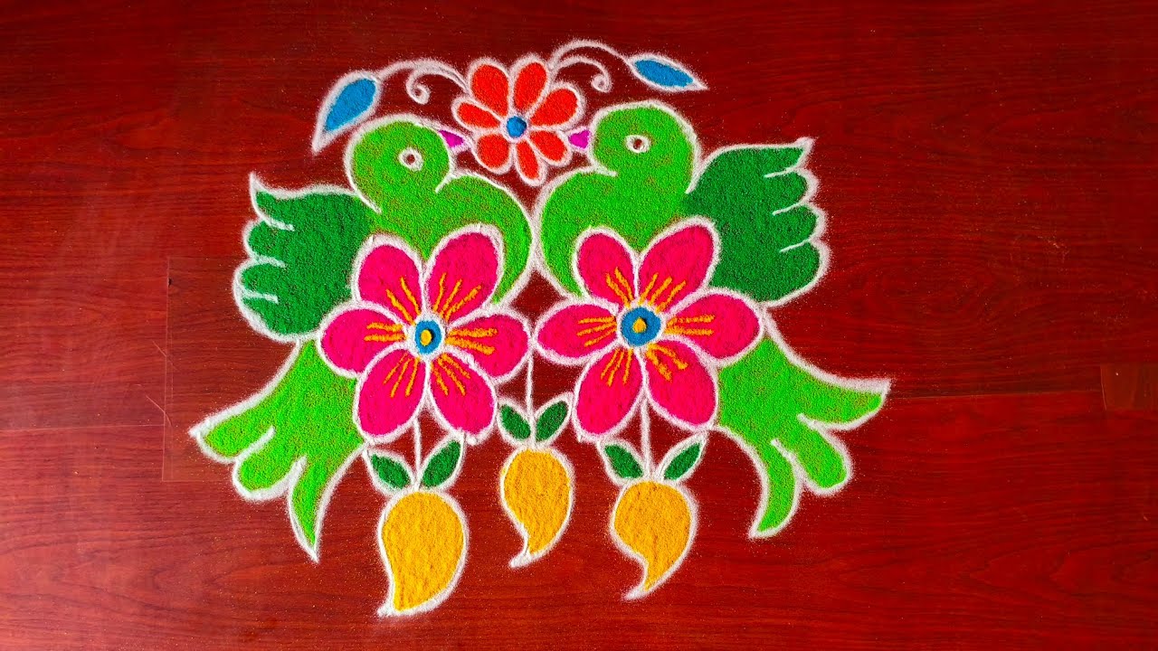 Simple New Ugadi Parrot rangoli design🦜With dots 5*3 🌺Simple Parrot rangoli design 🌺