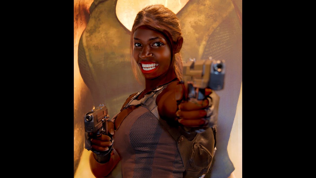 Test d'échange de visage de Lara Croft (face swap) avec la teinte de la peau noire avec GIMP 3 RC2