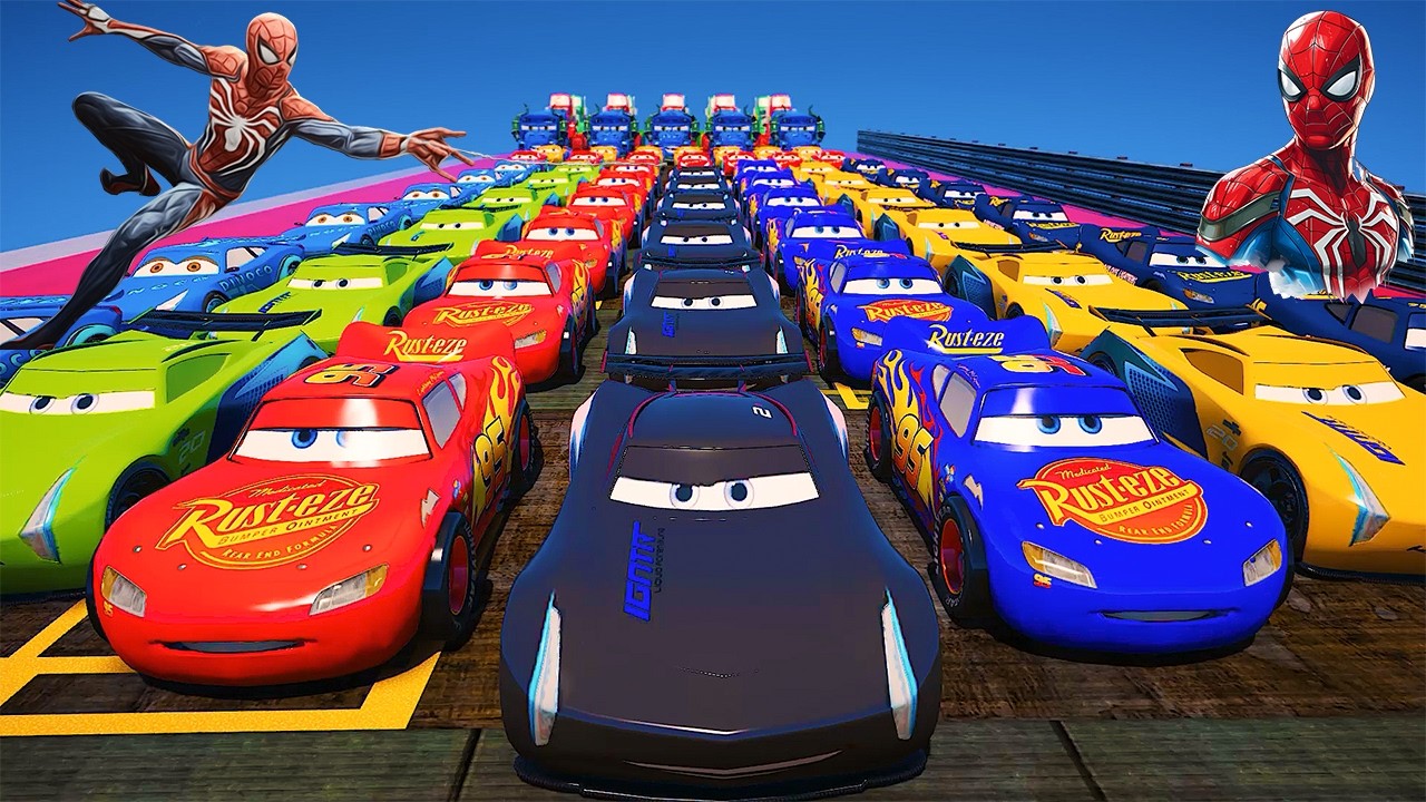 GTA 5 SPIDERMAN Cars Challenge Lightning & Monster McQueen Jackson Storm Miss Fritter & Friends Cars