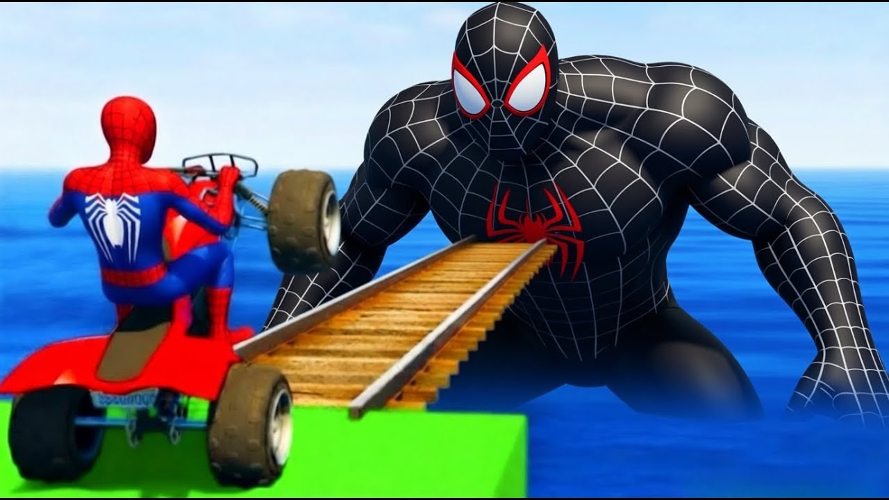 SPIDER-MAN 🔥 Rides Motorcycle on Colorful Bridge | Funny Stunts | Epic GTA 5 Superhero Race!