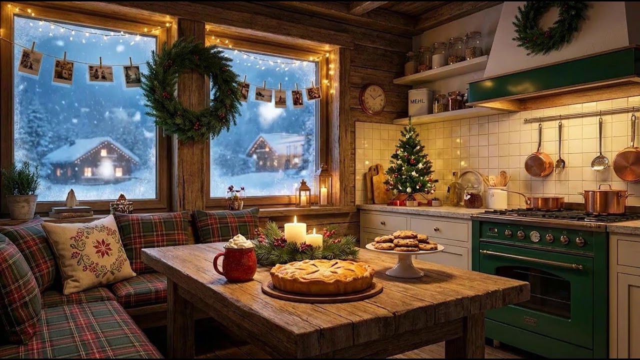 Cozy 1950s Snowy Evening❄️ Oldies Playing in Another Room | Vintage Fireplace Crackle