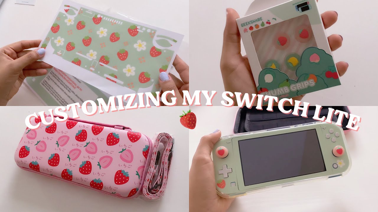 🍓 customizing my nintendo switch lite with cute strawberries // nintendo switch accessories haul