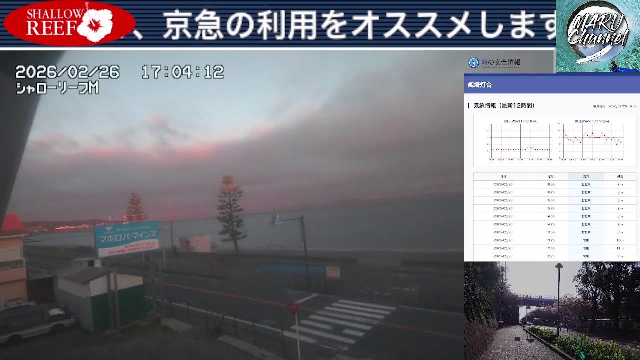 【🔴ライブカメラ配信】津久井浜海岸 三浦海岸 風情報 Yokosuka-Miura Beach Live 2026/2/26 強風注意報 【波音BGM】