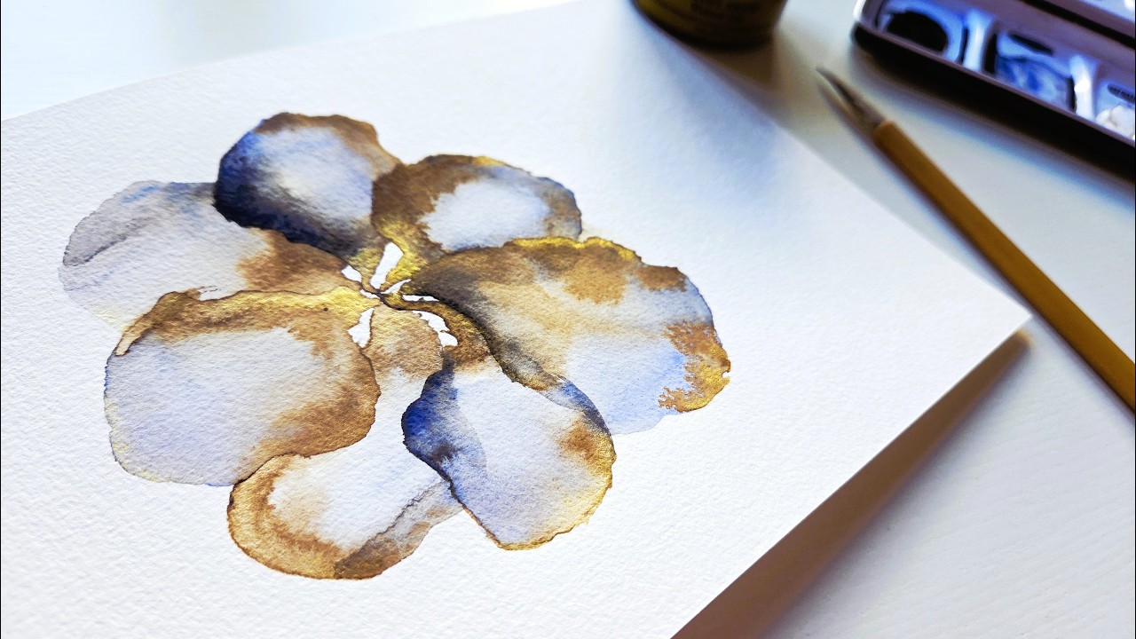 Meditative painting of an abstract flower with watercolor and Walnut Ink