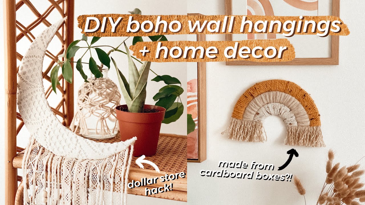 MAKING DIY BOHO HOME DECOR WITH CARDBOARD! | Dollar Store Crochet Moon + Rainbow Wall Hanging
