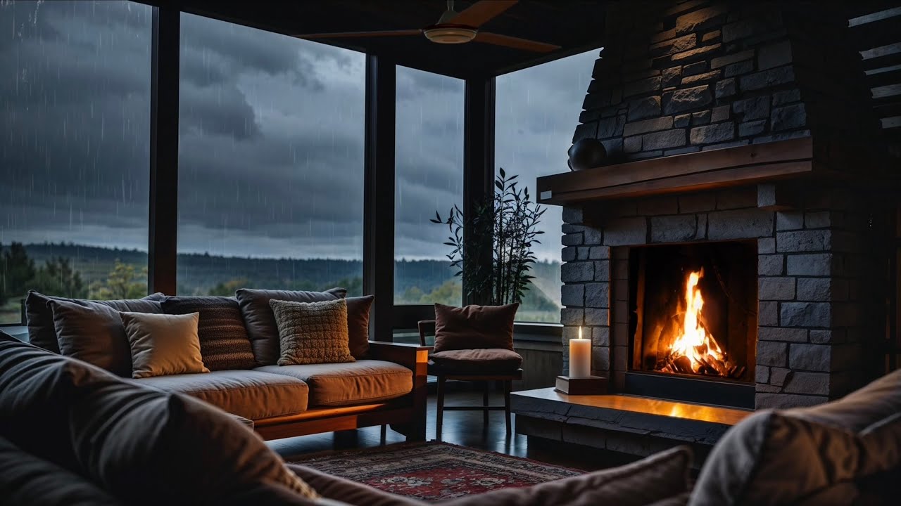 Cozy Rainy Evening | Fireplace Warmth, Soft Rain & Distant Thunder 