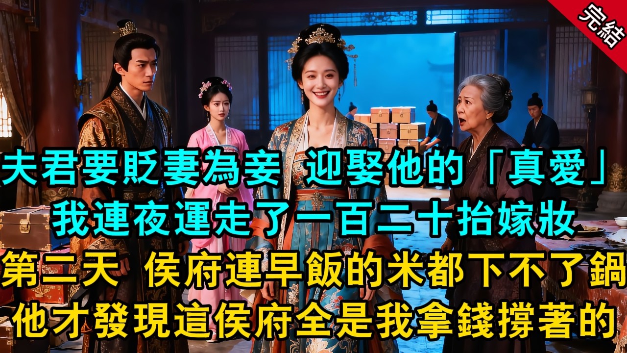 夫君要貶妻為妾，迎娶他的「真愛」。我笑著交出掌家對牌，連夜運走了一百二十抬嫁妝。第二天，侯府連早飯的米都下不了鍋，婆婆暈倒，他才發現這侯府的富貴，全是我拿錢撐著的！#原創 #古言 #小說