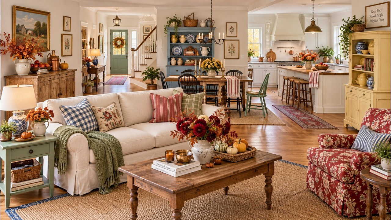 Colorful Farmhouse Decorating for Fall | Pattern, Pottery & Warm Wood 🍁