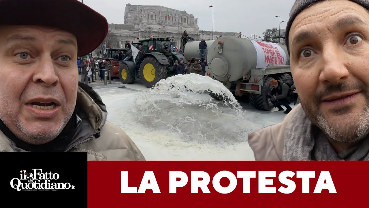 Mercosur, gli agricoltori sversano il latte in strada a Milano. 