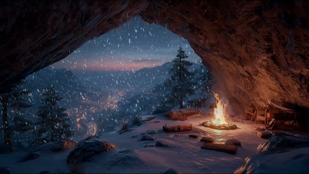 Cozy Fireplace in a Snowy Cave – Wind Blowing Gently Outside for Sleep, Focus, and Relaxation