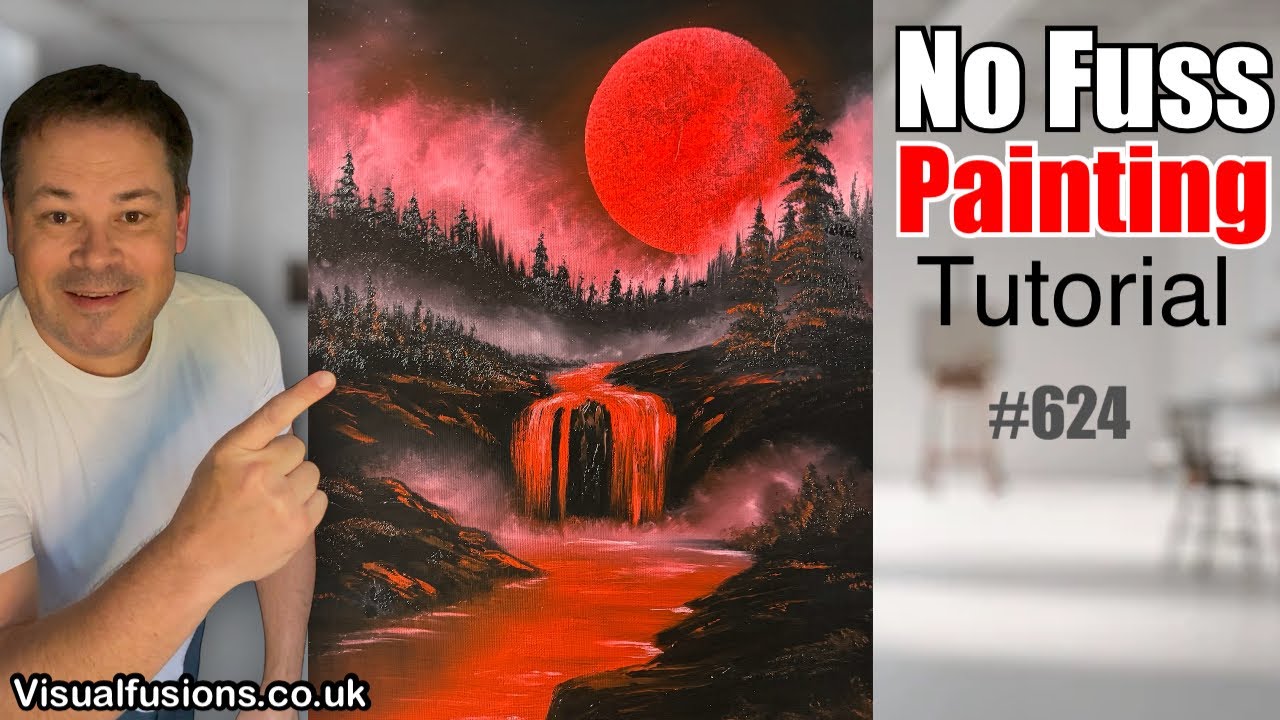 Anyone Can Paint This ! Blood moon | cascade Scarlett mist Oil Painting 624 