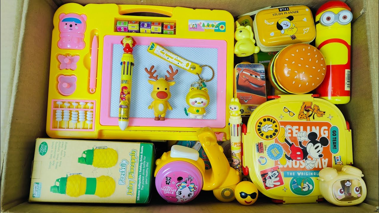 Unboxing Classic Yellow Stationery📚 Writing Board, Minious Geometry Box, Sharpener, Pen, Eraser, etc