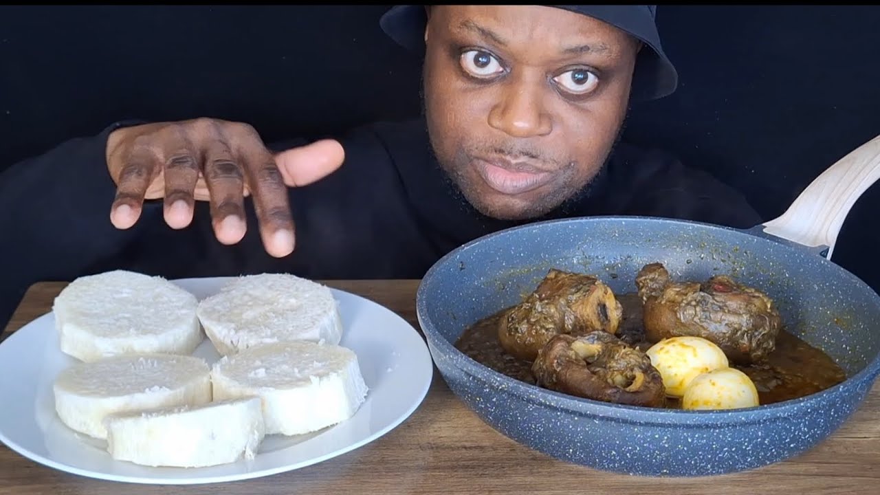 Asmr Boiled Yam with Garden Egg Stew, Cowfoot and Boiled Eggs Mukbang