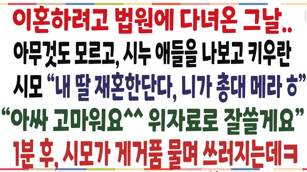 (반전신청사연)남편과 이혼하려고 법원에 다녀온 그날..아무것도 모르고 시누 애들을 나보고 키우라는 시모! 위자료로 쓴다했더니, 시모 역대급반응이ㅋ[신청사연][사이다썰][사연라디오]