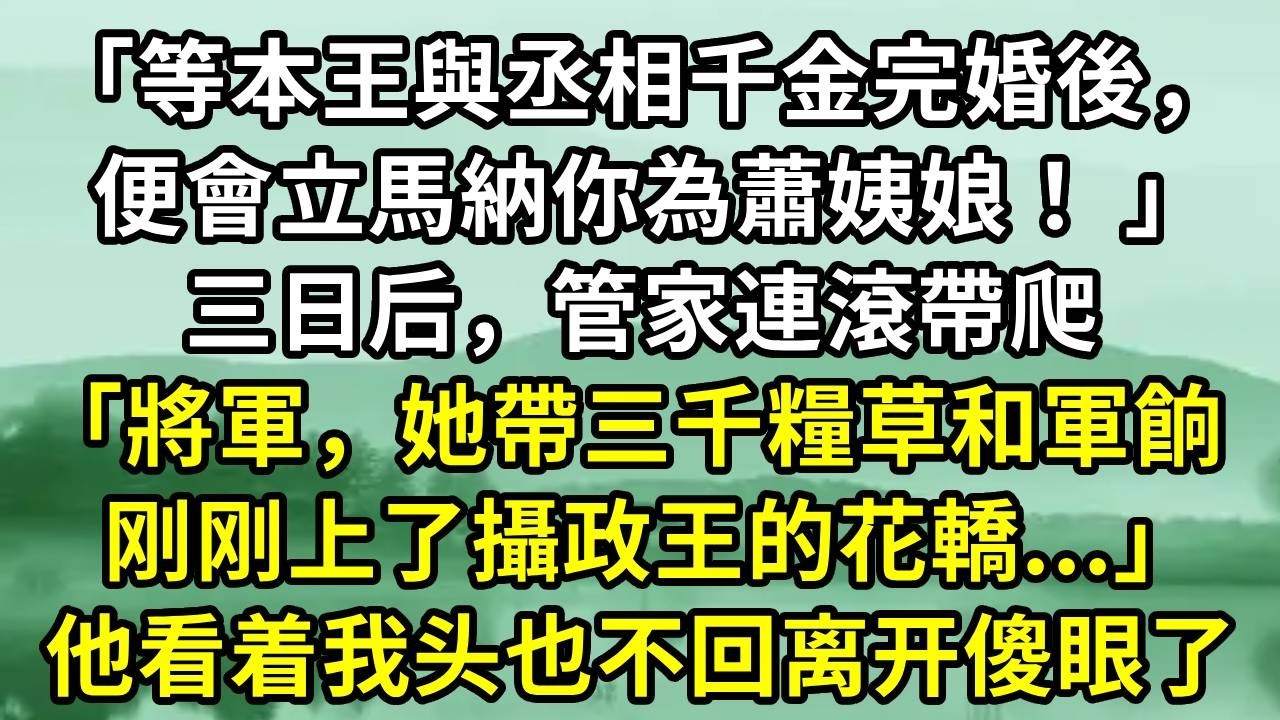 「等本王與丞相千金完婚後，便會立馬納你為蕭姨娘！ 」三日后，管家連滾帶爬「將軍，她帶三千糧草和軍餉 刚刚上了攝政王的花轎...」他看着我头也不回离开傻眼了#小说