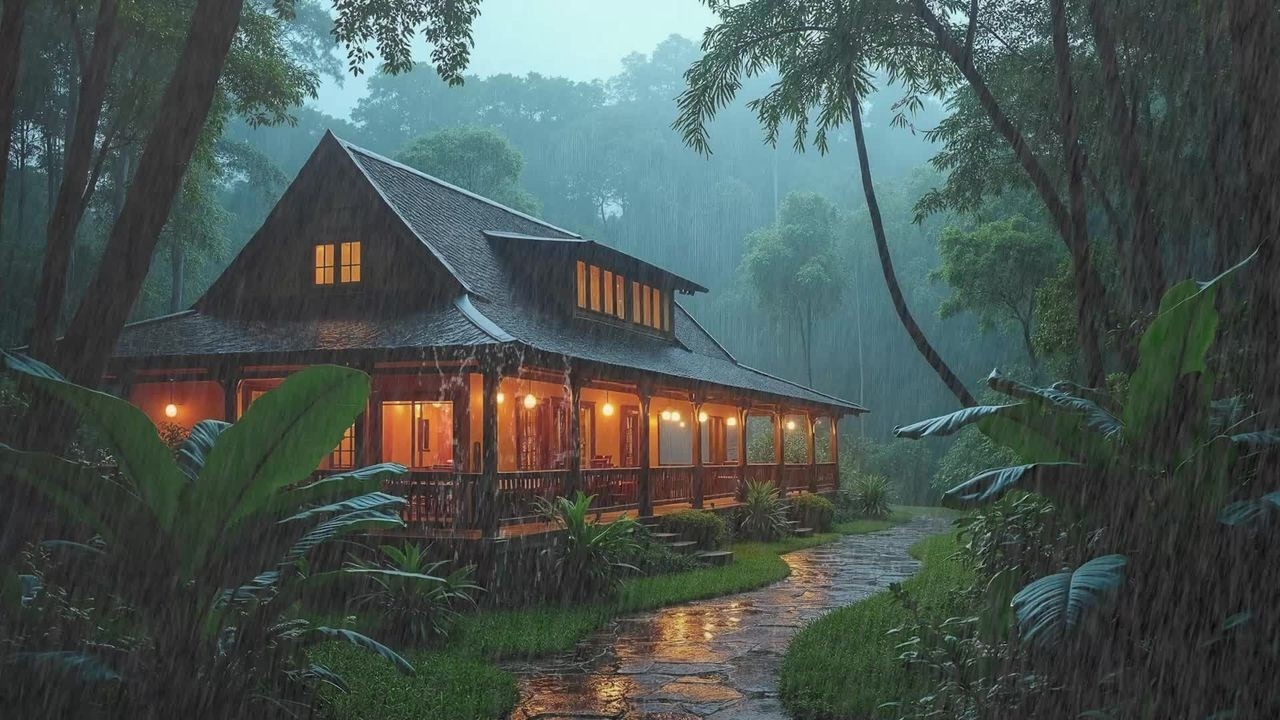 Relaxing Rain Sound in Forest House for Sleep Peaceful Night Ambience