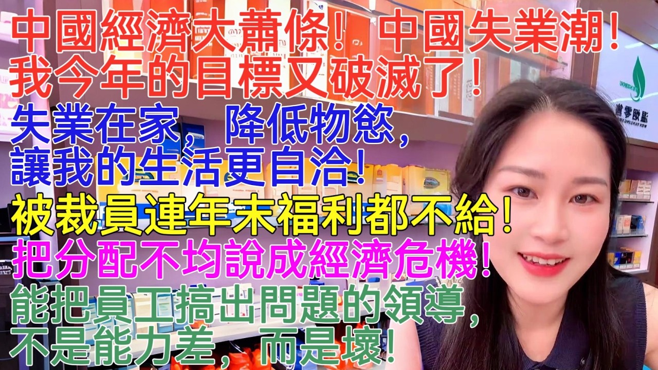 中國經濟大蕭條！中國失業潮！我今年的目標又破滅了！失業在家，降低物慾，讓我的生活更自洽！被裁員連年末福利都不給！把分配不均說成經濟危機！能把員工搞出問題的領導，不是能力差，而是壞！