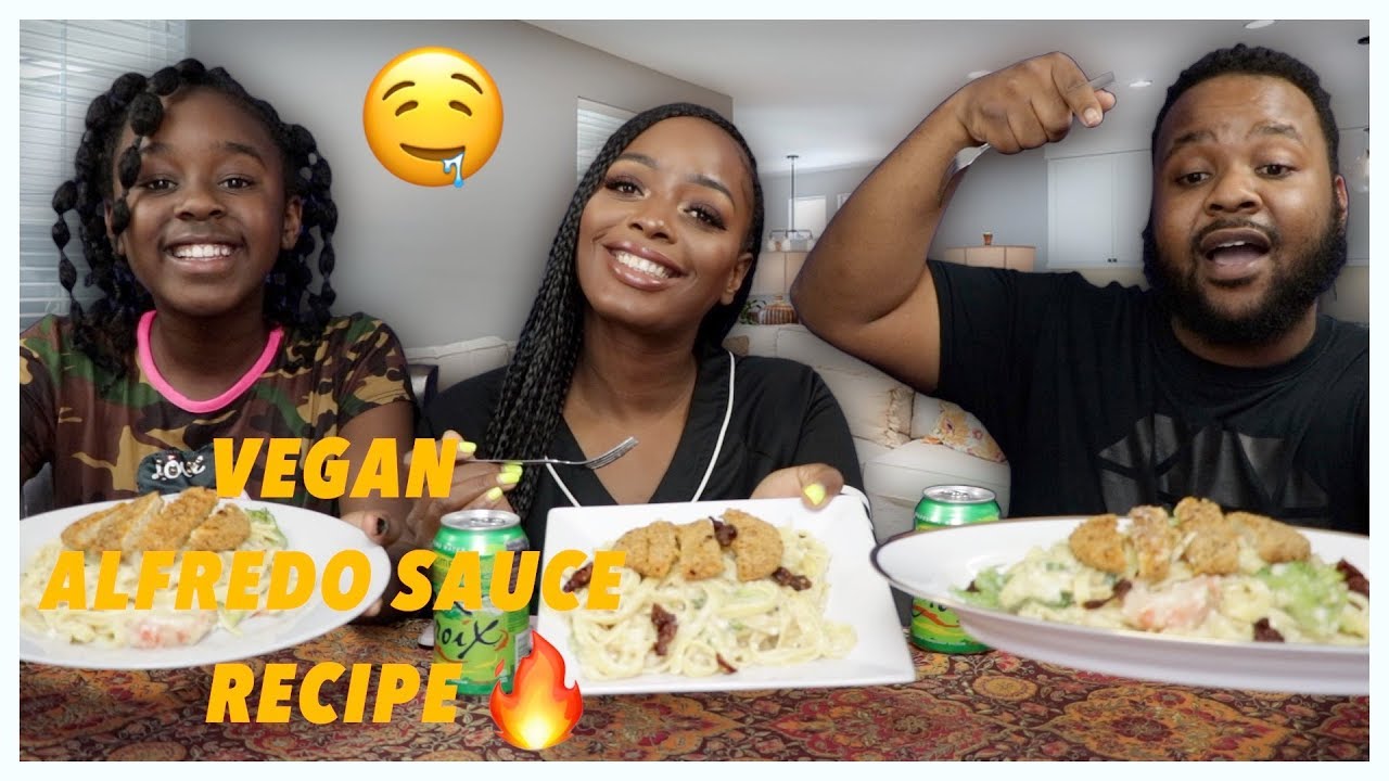 VEGAN CHICKN SHRIMP ALFREDO SAUCE RECIPE | MUKBANG | EATING SHOW