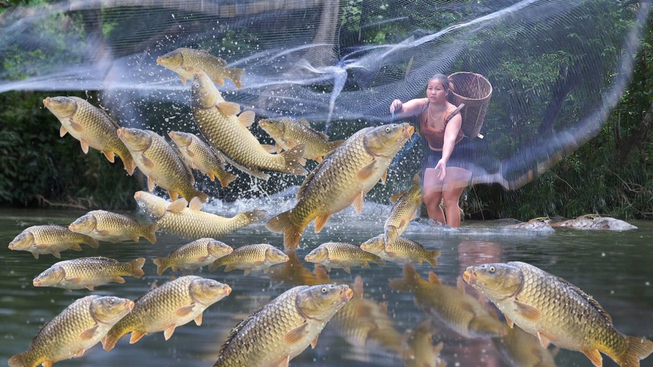 caught a school of plump, delicious fish in the stream by casting my net.