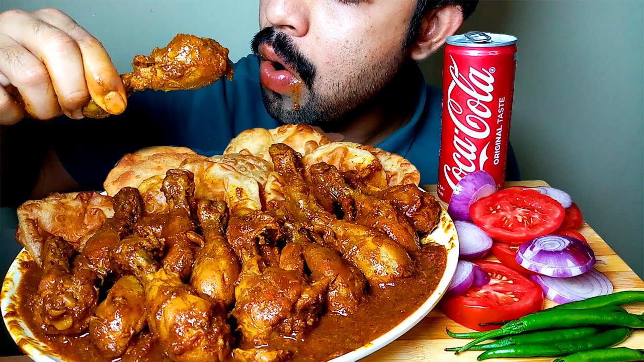SPICY CHICKEN LEG CURRY WITH  PURI/LUCHI EATING SHOW#HUNGRYpIRAN