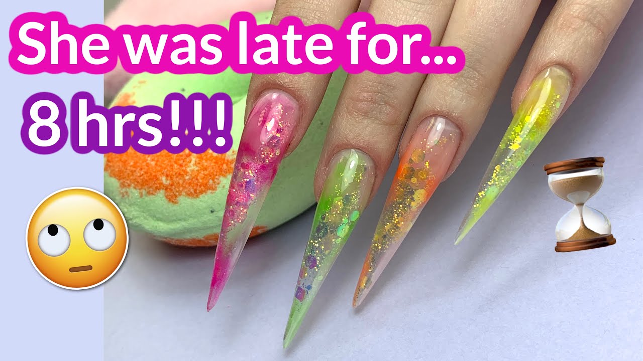 Story Time: Client was late for 8 HOURS! + Neon Glass Stiletto Nails
