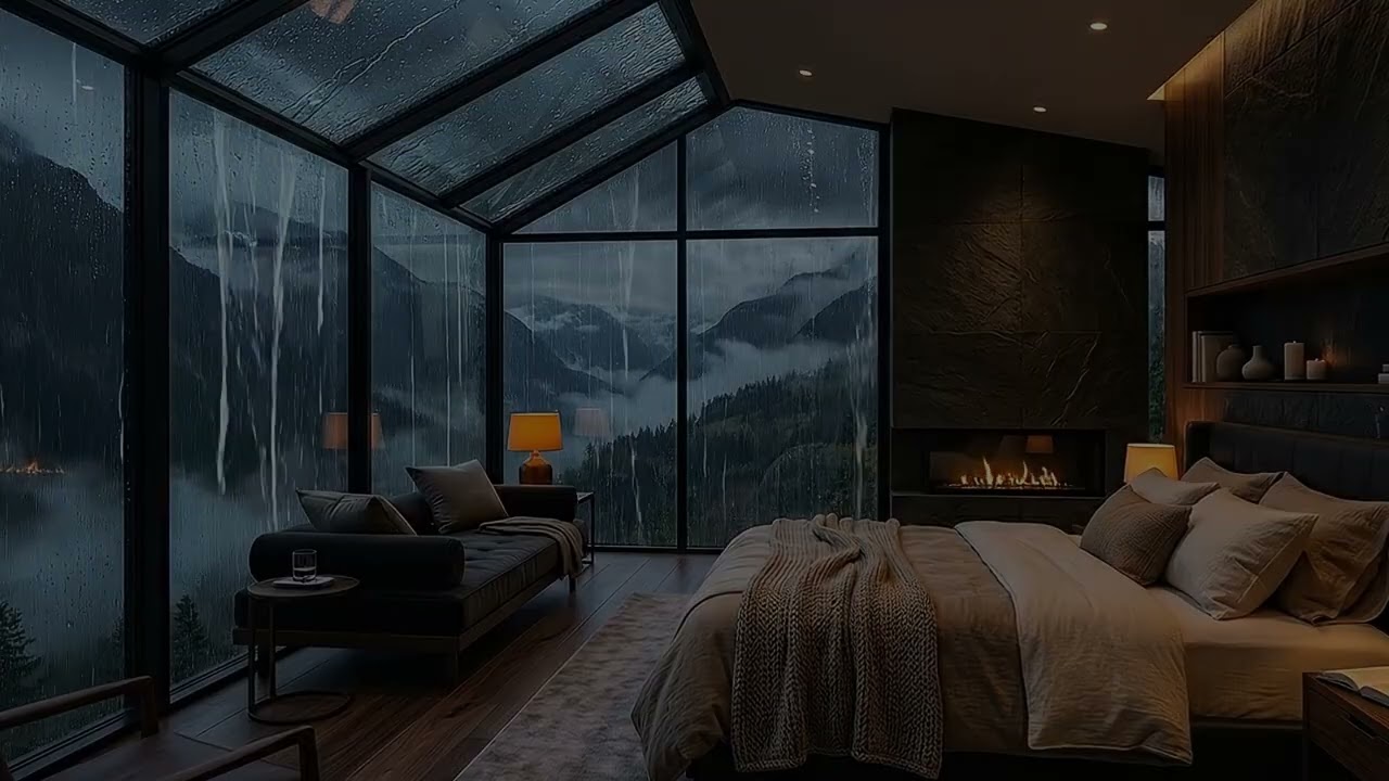 3 Hours Rainy Glass Cabin Ambience | Warm Lights & Sleep Piano