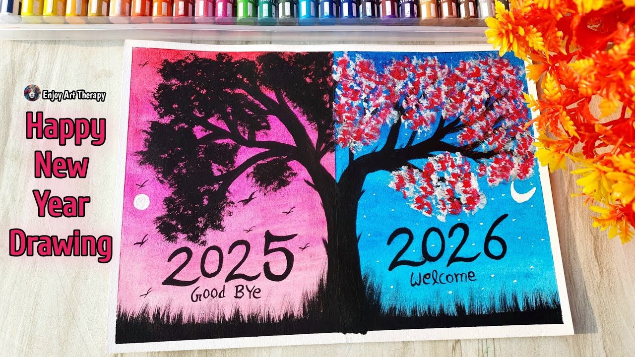 Happy New Year 2026 Drawing 🍾 😍 || New Year Poster Drawing || Easy Drawing 