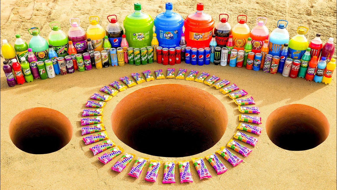 Giant Fanta bottles, Big Coca Cola, Chupa Chups, Monster, Pepsi, Mtn Dew vs Mentos in Underground
