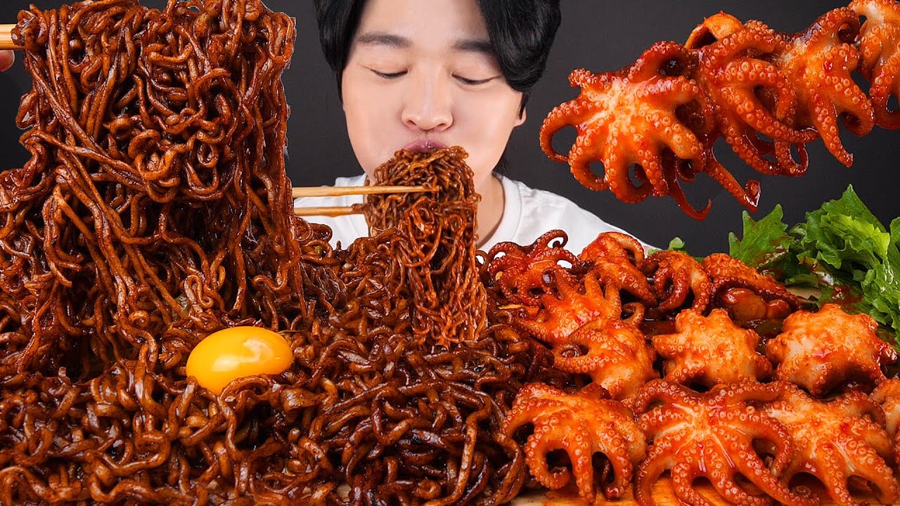 MUKBANG ASMR | SPICY OCTOPUS 🐙 BLACK BEAN NOODLES SEAFOOD BOIL 짜파게티 쭈꾸미 볶음 먹방 EATING SOUNDS