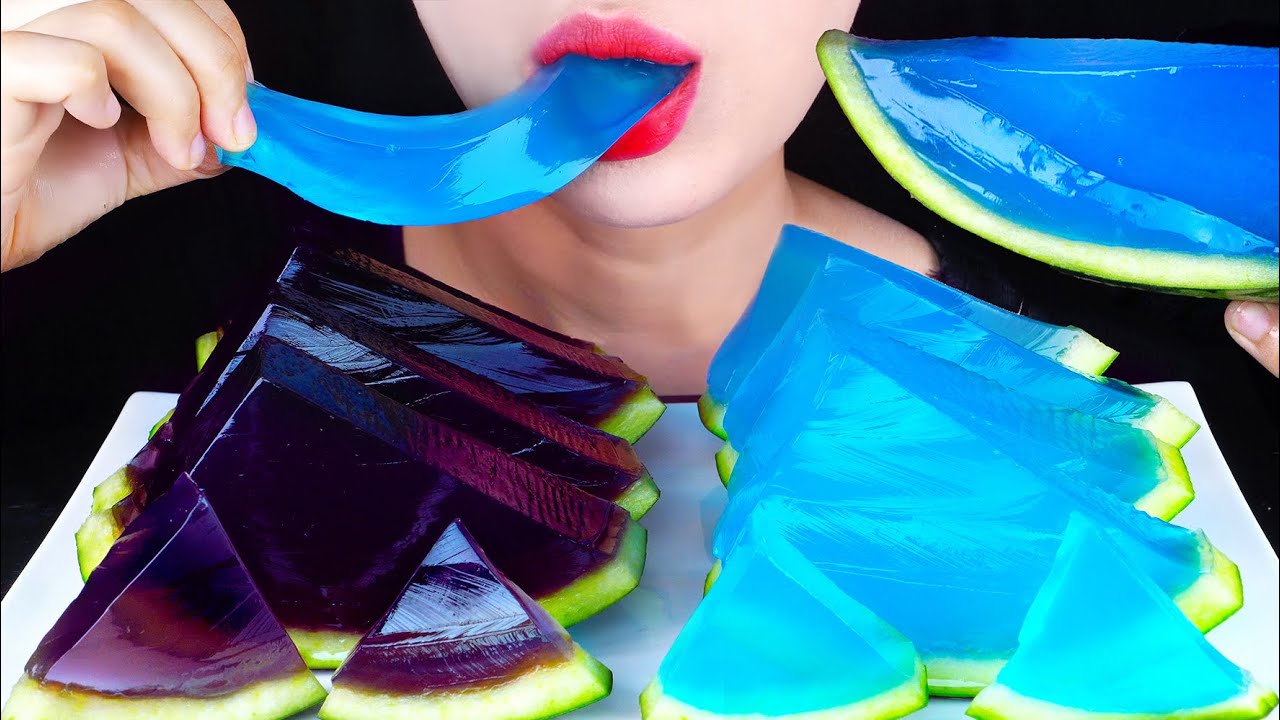 ASMR WATERMELON JELLY DESSERTS 수박젤리 먹방 BLUE& PURPLE JELLO NO TALKING EATING SOUNDS MUKBANG