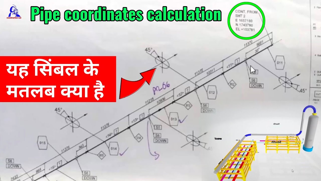 Northing and Easting pipe rack coordinates  | Seam pipe degree fitting symbol in isometric drawing