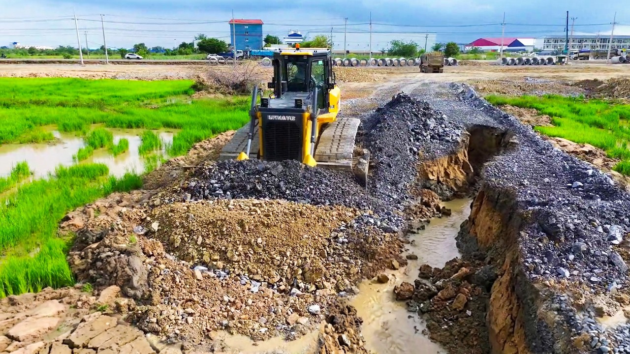 Unbelievable SHANTUI Dozer Pushing Massive Soil Into Water for a New Road Foundation